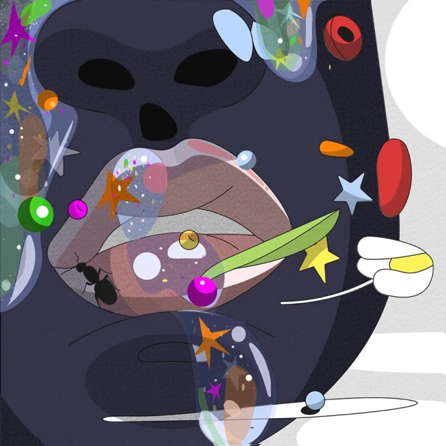 Illustration of a face with floating orbs and stars surrounding, featuring an ant on the lip. Bold color palette with dreamy aesthetic.