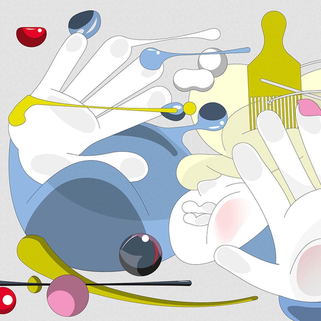 Stylized illustration of abstract human-like figures with geometric orbs in a soft color palette of blue, yellow, and white on grey.