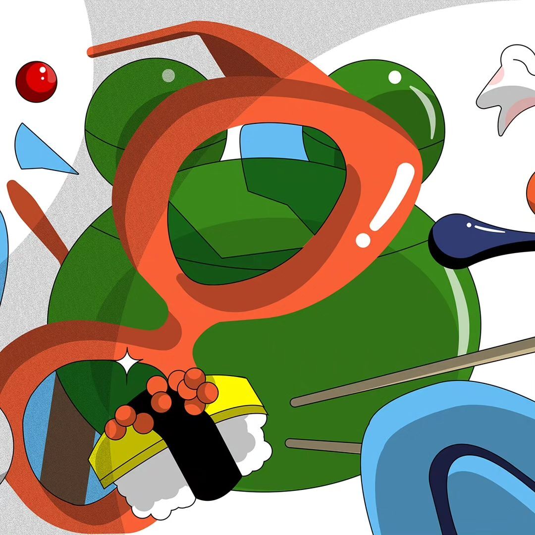 Abstract digital art showcasing sushi, chopsticks, eyeglasses, and geometric shapes in green, orange, blue, and white hues.