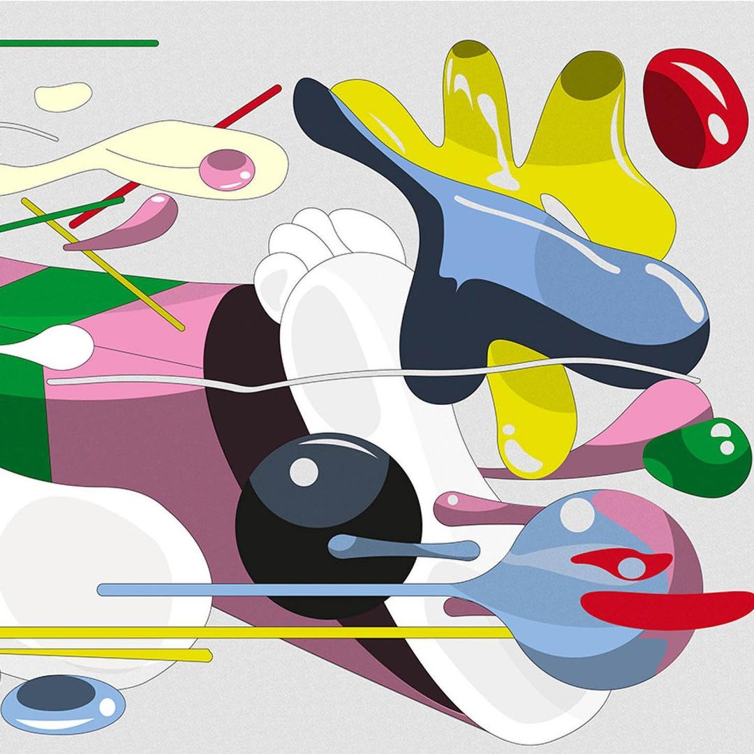 Abstract art featuring a colorful collection of geometric shapes, lines, and splashes, creating a visually dynamic and modern design.
