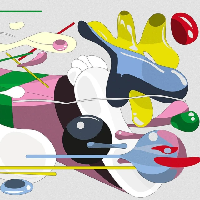 Abstract art featuring a colorful collection of geometric shapes, lines, and splashes, creating a visually dynamic and modern design.