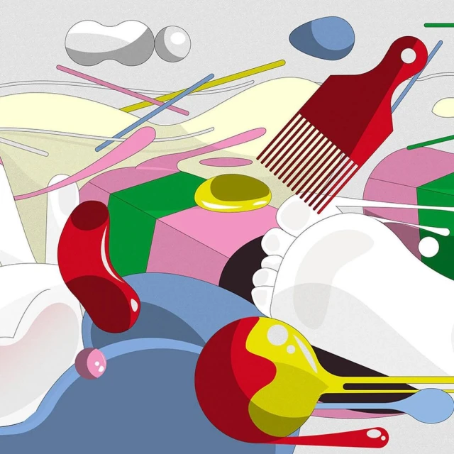 Whimsical illustration featuring a foot, afro pick, and geometric shapes in a modern art style with red, yellow, and blue elements.