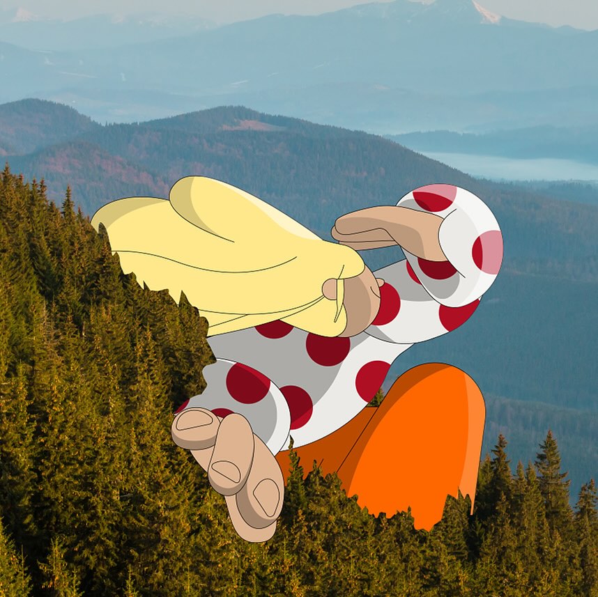 Digital illustration of a cartoon figure in the mountains. Figure wears polka dots and orange pants, blending with the forested hills.