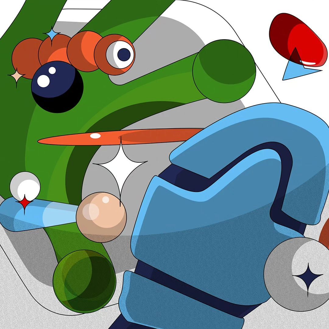 Abstract digital art featuring geometric shapes, including circles, lines, and angular figures in green, blue, red, and orange hues.