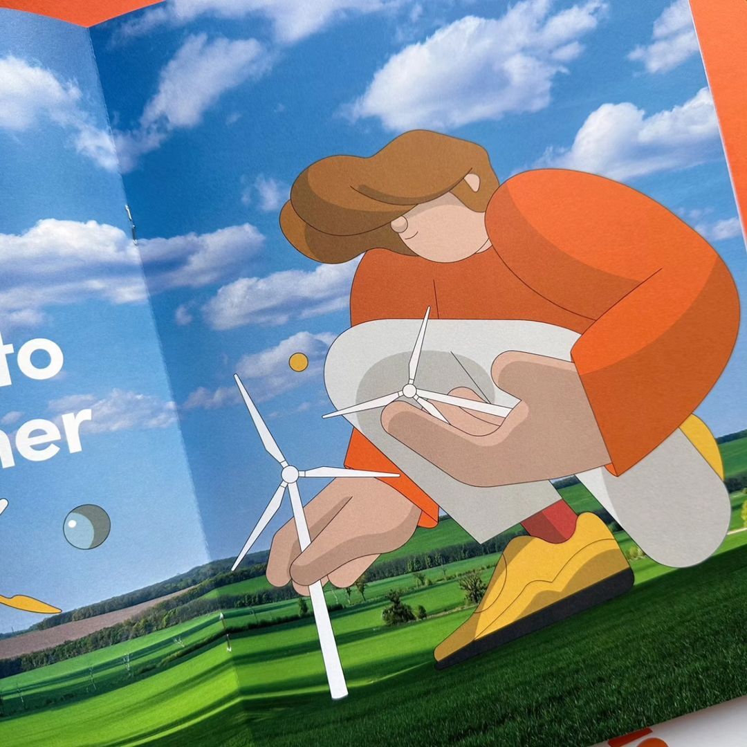 Illustration of a person holding miniature wind turbines against a backdrop of a green field and blue sky with fluffy white clouds.