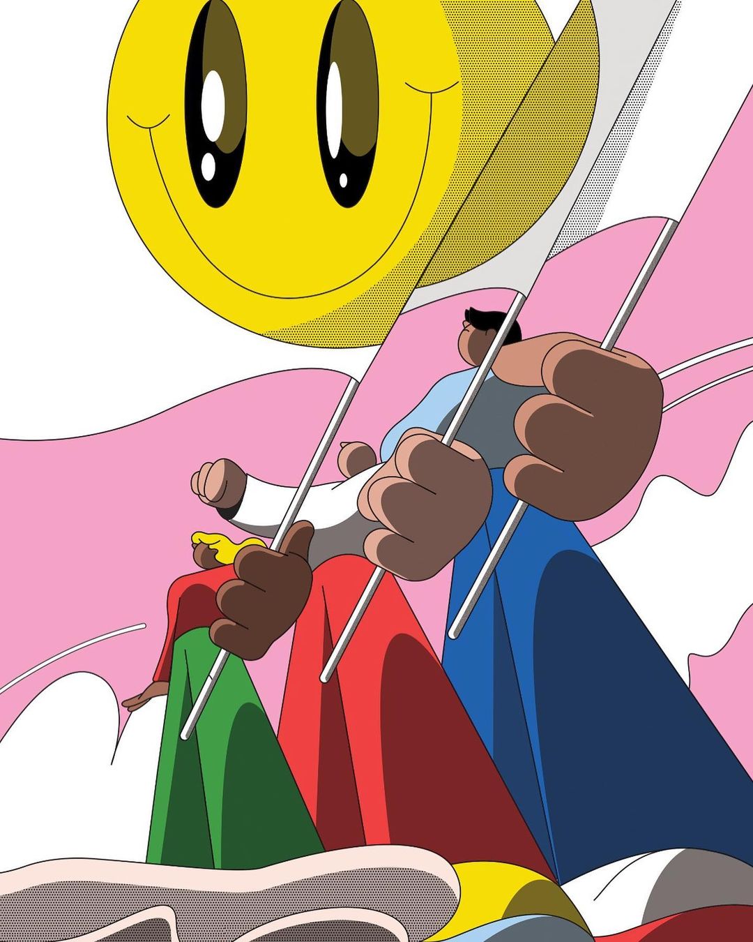 Illustrated art featuring three figures holding flags with a smiley face design, depicted in a bright, graphic style with bold colors.