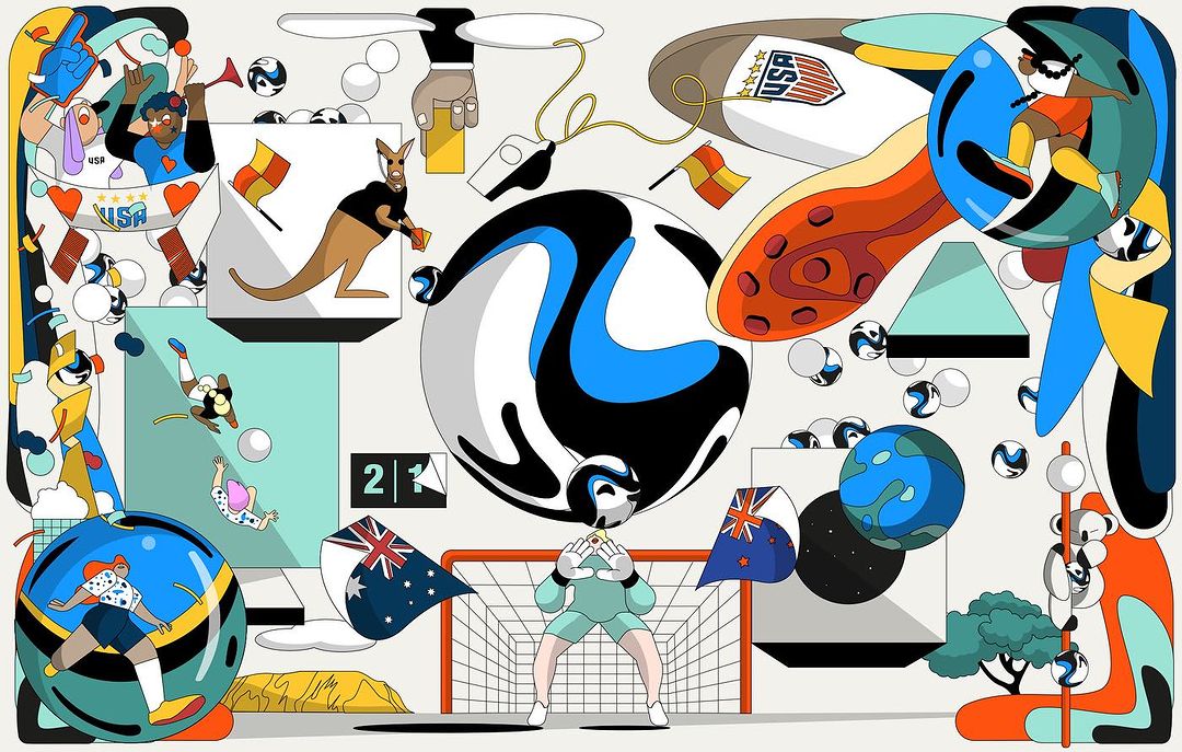 Whimsical illustration features soccer themes: stylized players, a kangaroo referee, soccer balls, Australian and USA flag details.