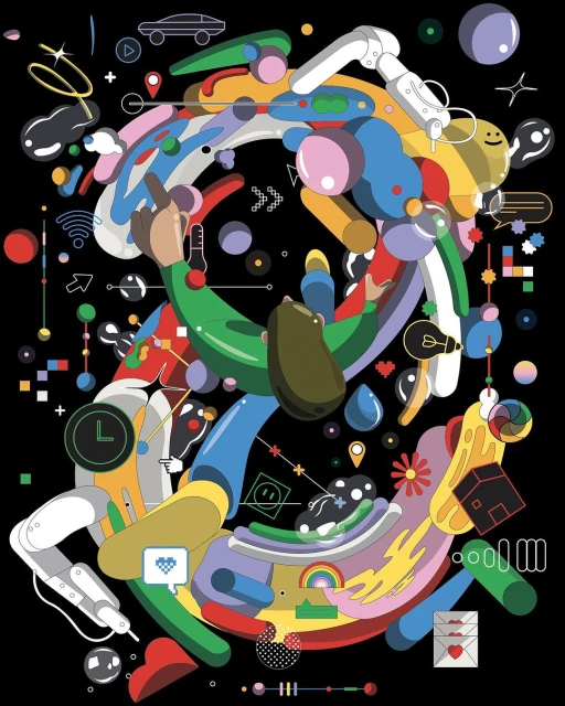 Abstract colorful digital illustration with geometric shapes, robotic arms, and icons on a black background. Modern graphic art.