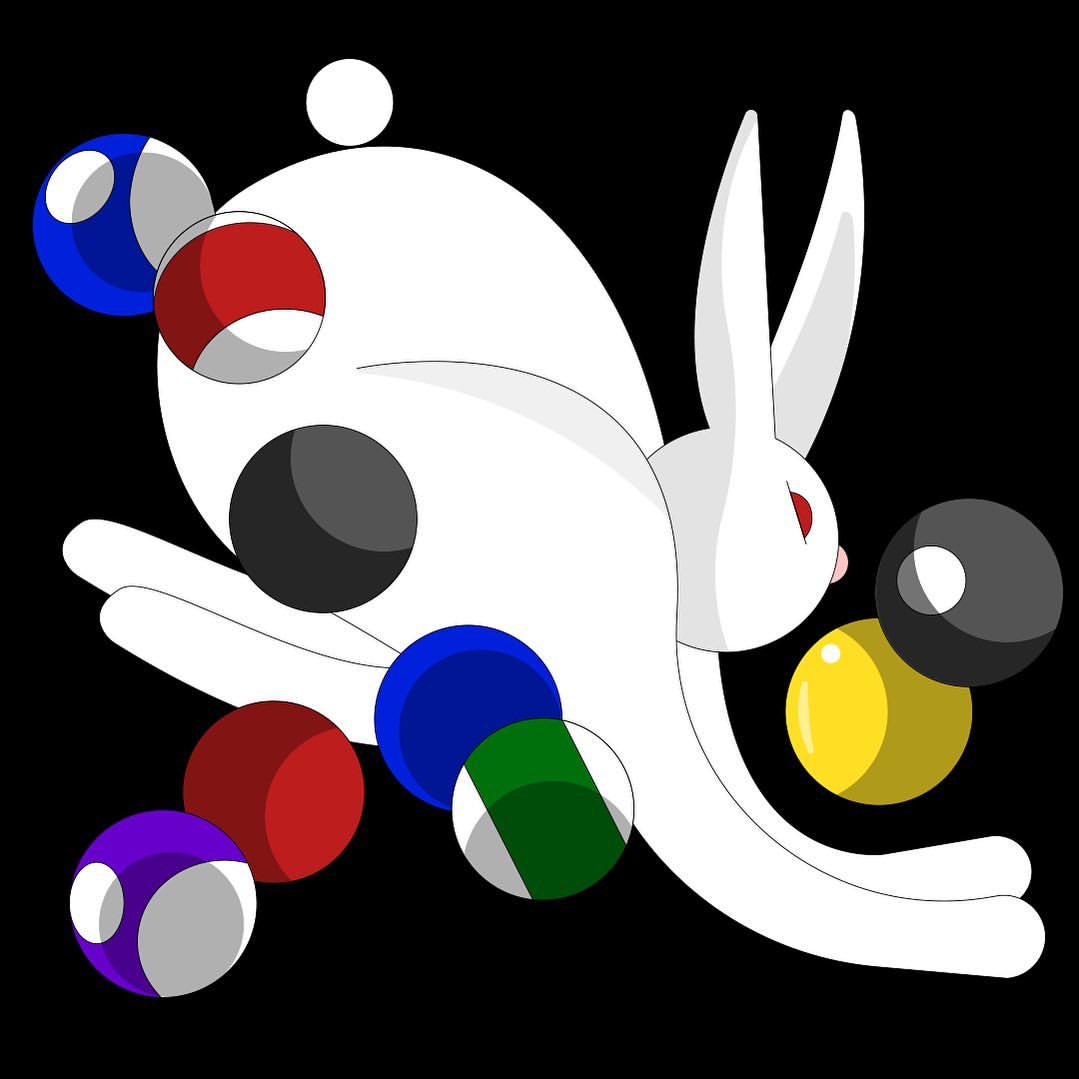 White rabbit-like figure with red eyes surrounded by various colored balls against a black background in a cartoon-style illustration.
