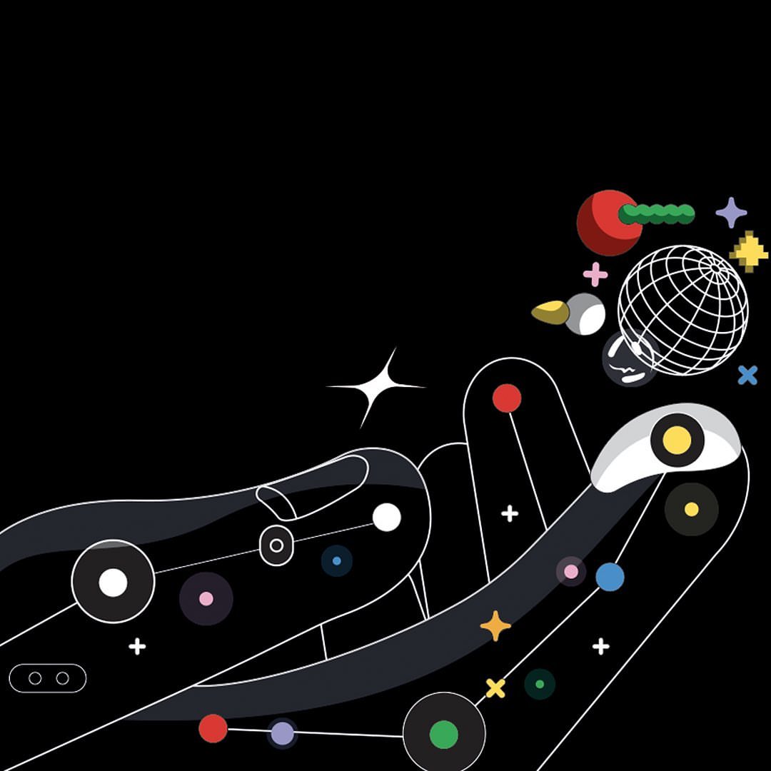 Illustration of a hand reaches up toward geometric shapes in a digital collage with a black background and blue, red, green, yellow and white colors.