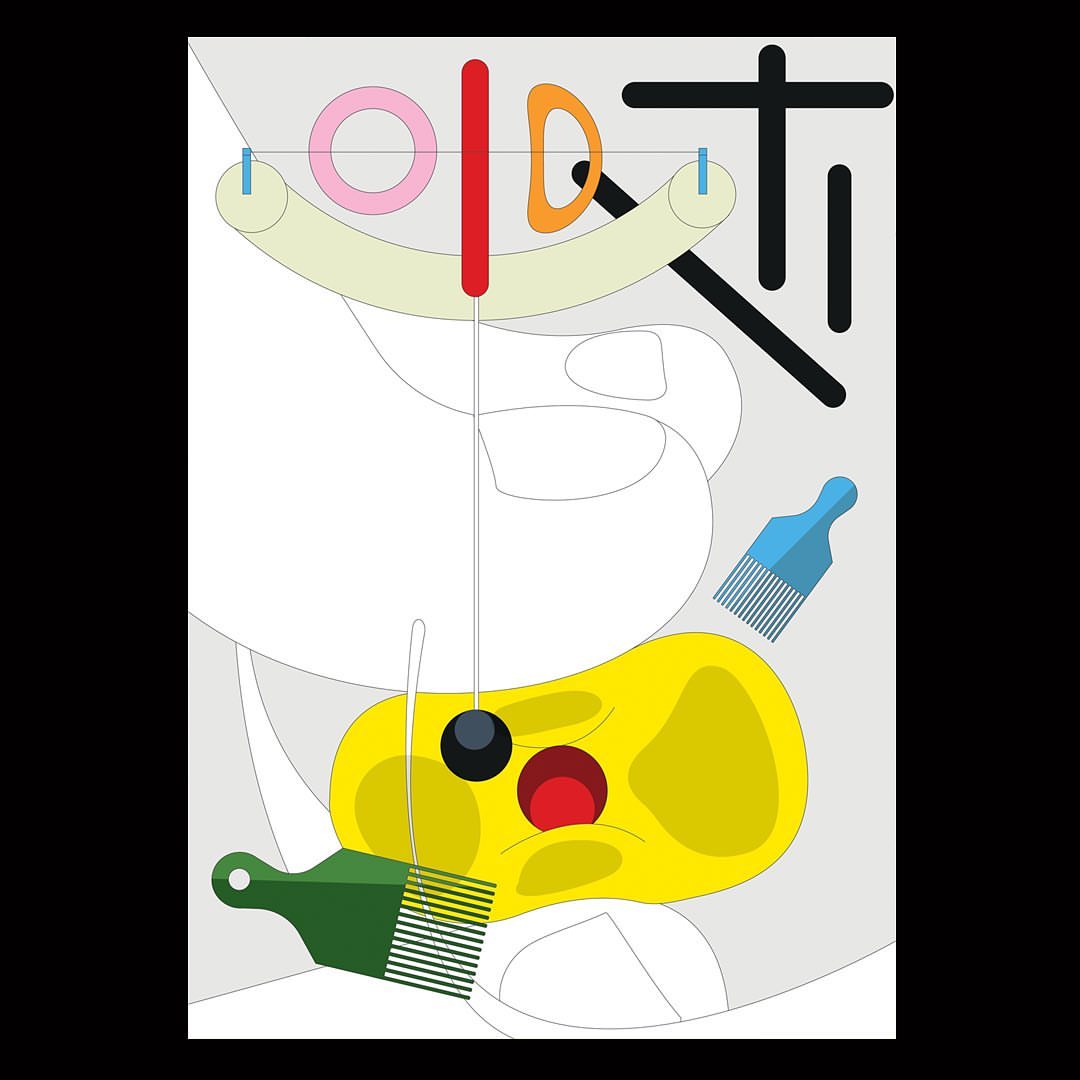 Abstract art featuring colorful geometric shapes, including circles, lines, and comb-like objects on a light gray background.