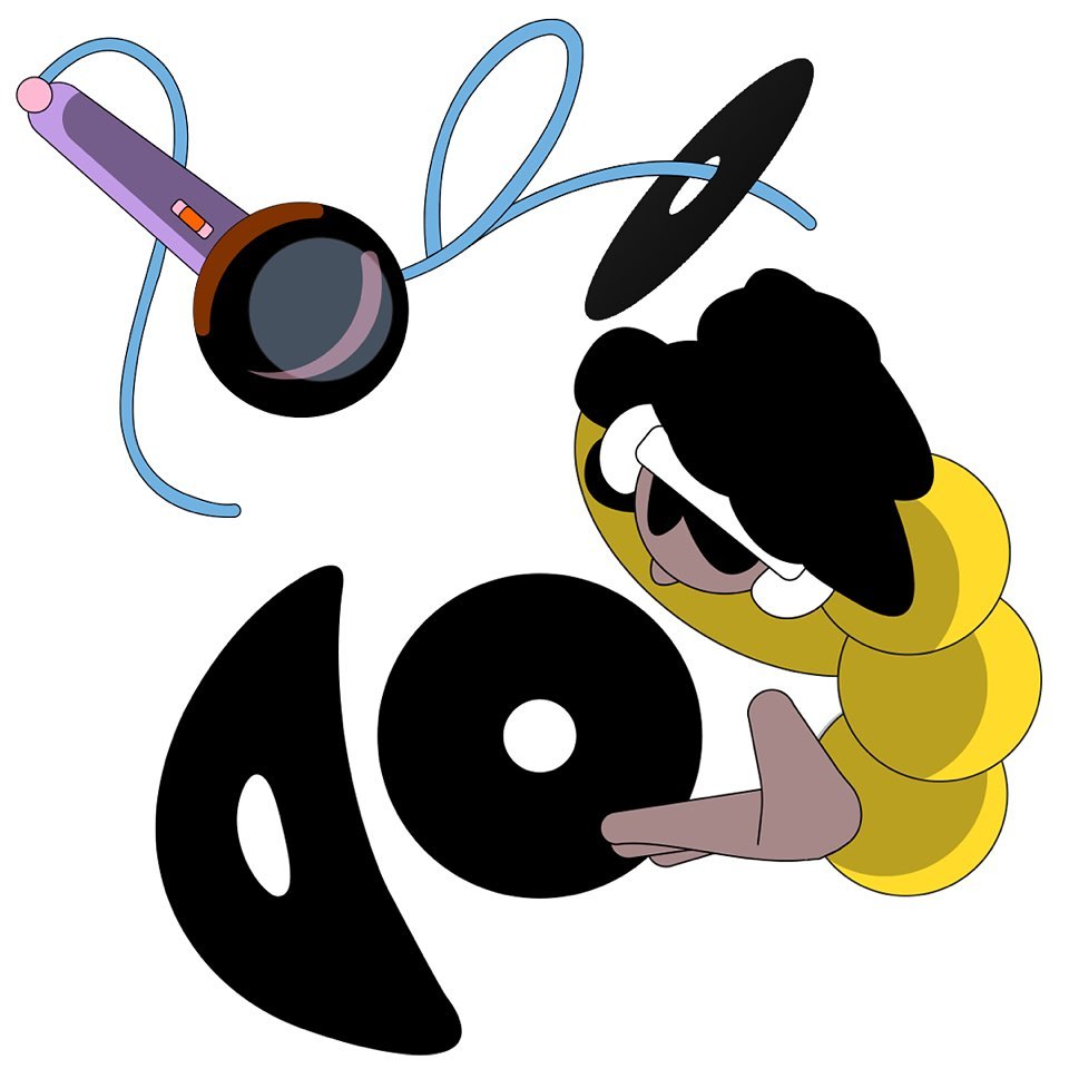 Cartoon illustration of a woman with dark hair holding a vinyl record next to a microphone on a white background.
