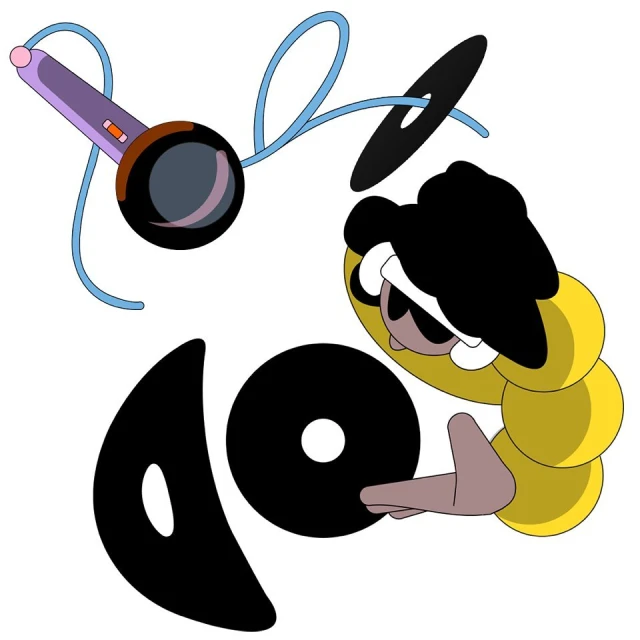 Cartoon illustration of a woman with dark hair holding a vinyl record next to a microphone on a white background.