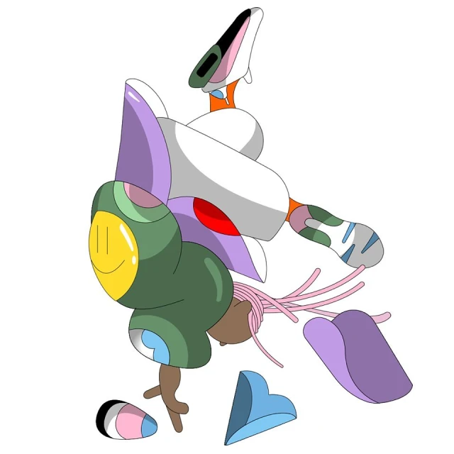 Abstract cartoon character in a dynamic pose with green, purple, and white elements against a solid white background in vector style.