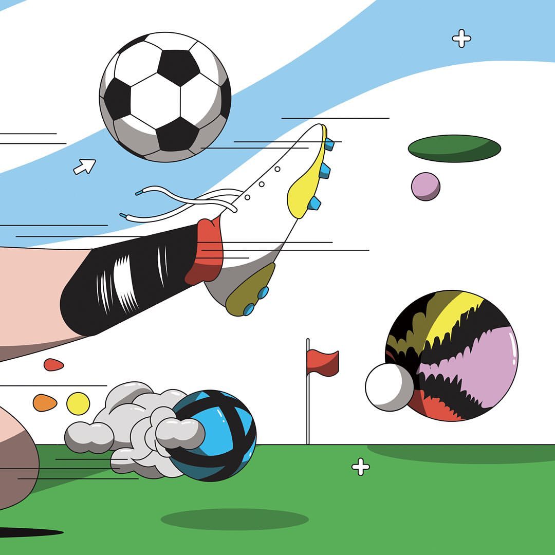 Cartoon illustration of a soccer ball, soccer shoe, and field with a red flag against a blue and white sky backdrop.