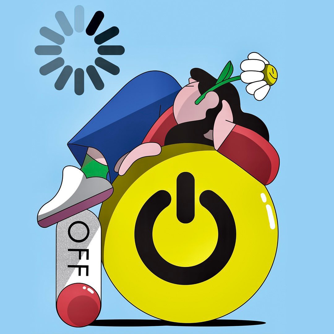 Illustration of a woman relaxing on a power button with a daisy, next to a loading icon and an off switch, all on a light blue background.