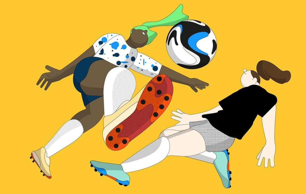 Illustration of two female soccer players in action, one kicking a black and white soccer ball, set against a vivid yellow background.