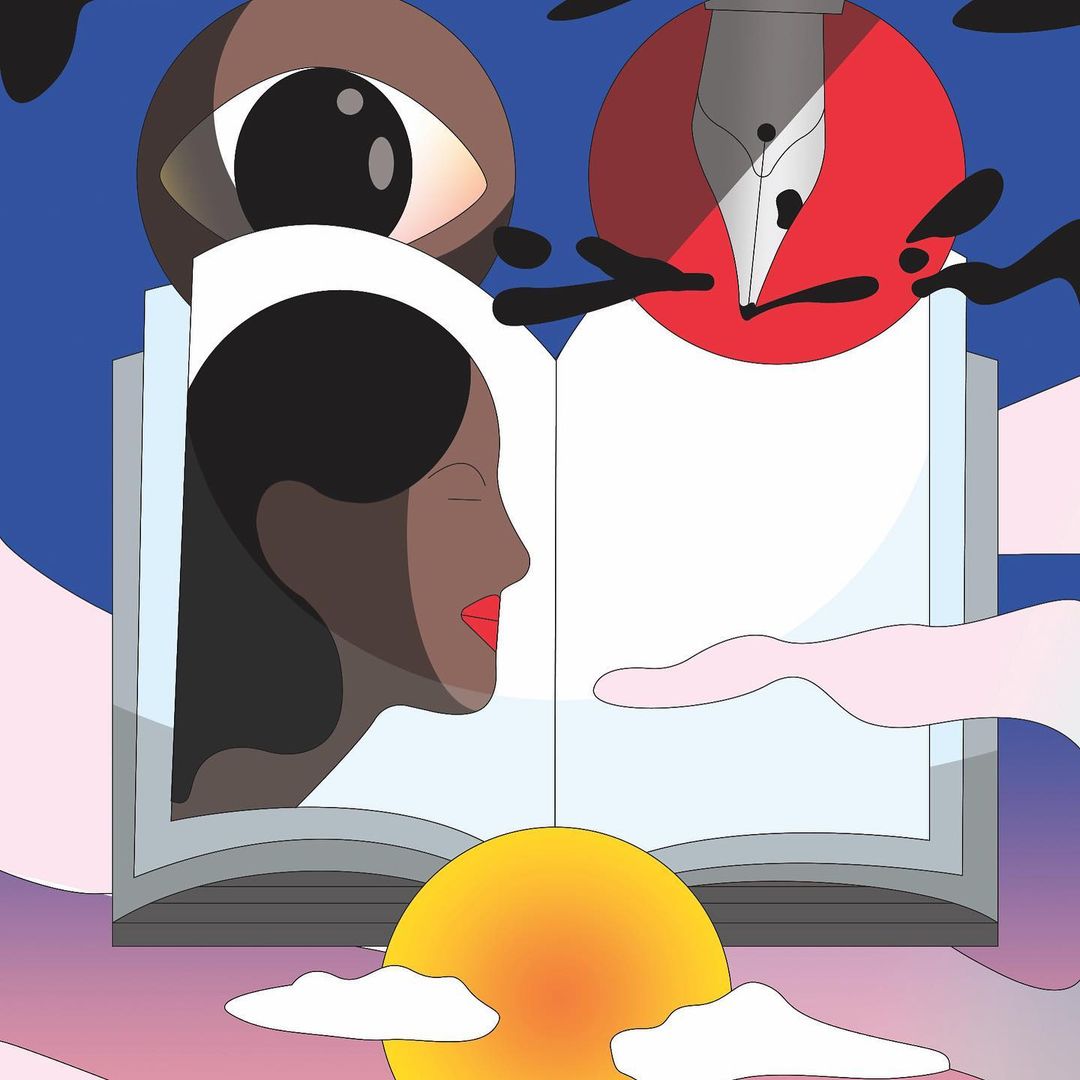 Illustration of a black woman's profile inside an open book, topped by an eye and a pen, set against a gradient sunset sky.