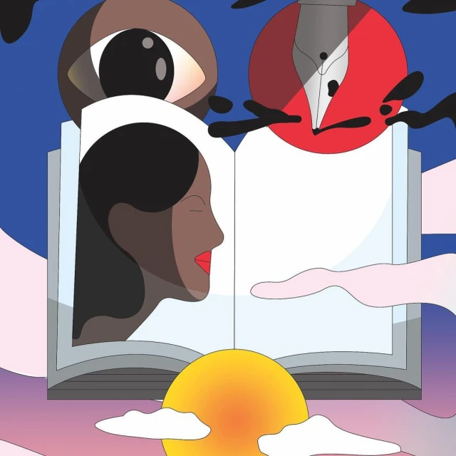 Illustration of a black woman's profile inside an open book, topped by an eye and a pen, set against a gradient sunset sky.