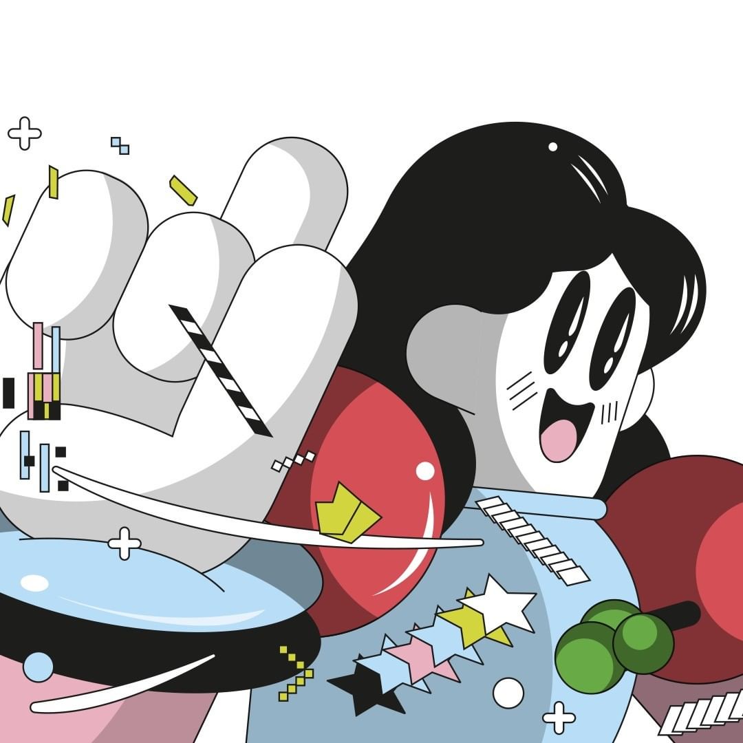 Whimsical cartoon graphic art of a young woman with black hair, light blue clothing, holding red balloons with a large white cartoon hand.