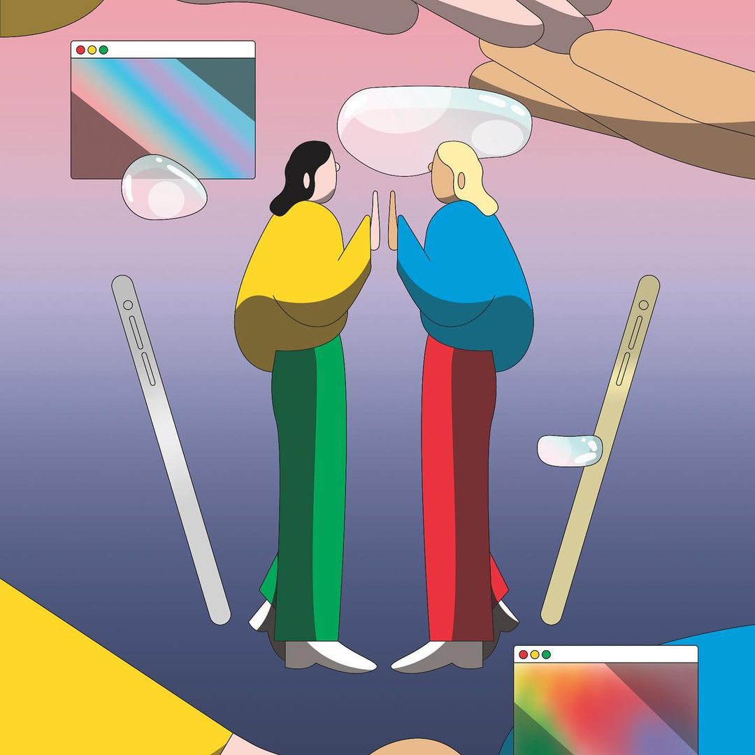 Illustration of two standing figures facing each other, with digital device and web browser graphic elements against a graduated background.