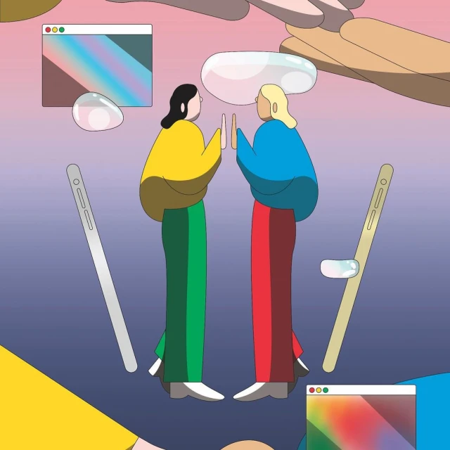 Illustration of two standing figures facing each other, with digital device and web browser graphic elements against a graduated background.
