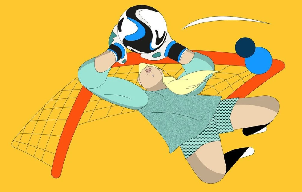 Illustration of a blonde female soccer goalie leaping to catch a ball near a net, rendered in a flat, geometric style on a yellow backdrop.