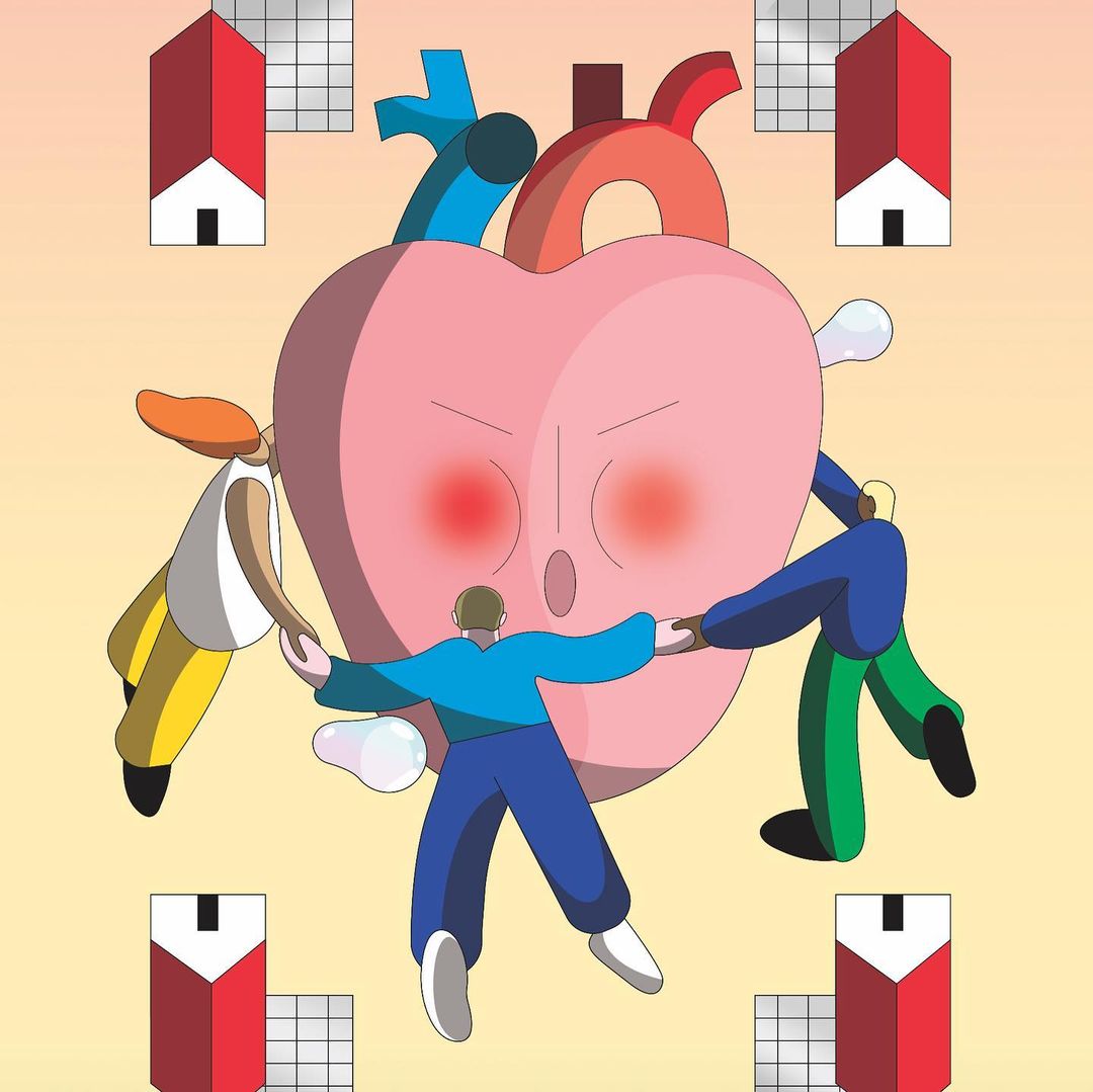 Digital artwork showing three people hugging a large, cartoon-style heart, set against a pastel backdrop with small house illustrations.