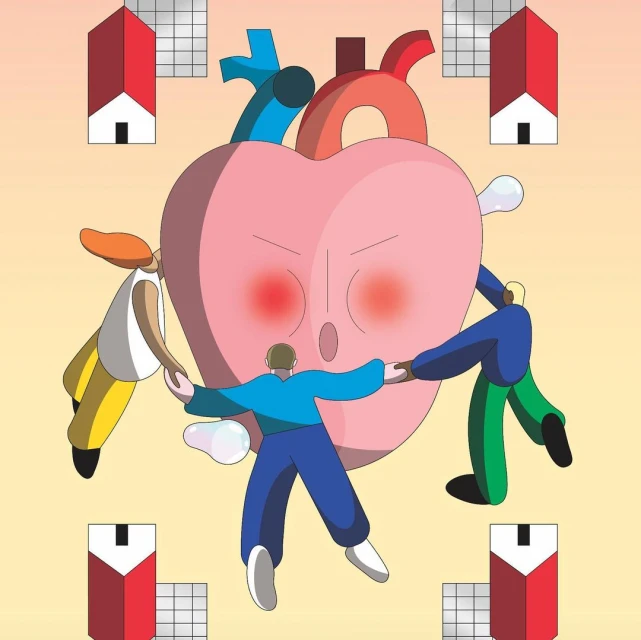 Digital artwork showing three people hugging a large, cartoon-style heart, set against a pastel backdrop with small house illustrations.