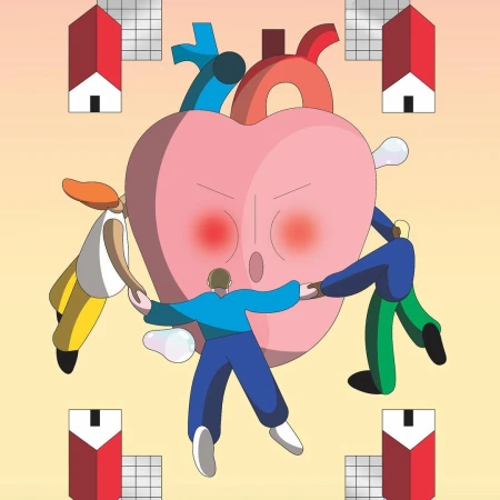 Digital artwork showing three people hugging a large, cartoon-style heart, set against a pastel backdrop with small house illustrations.