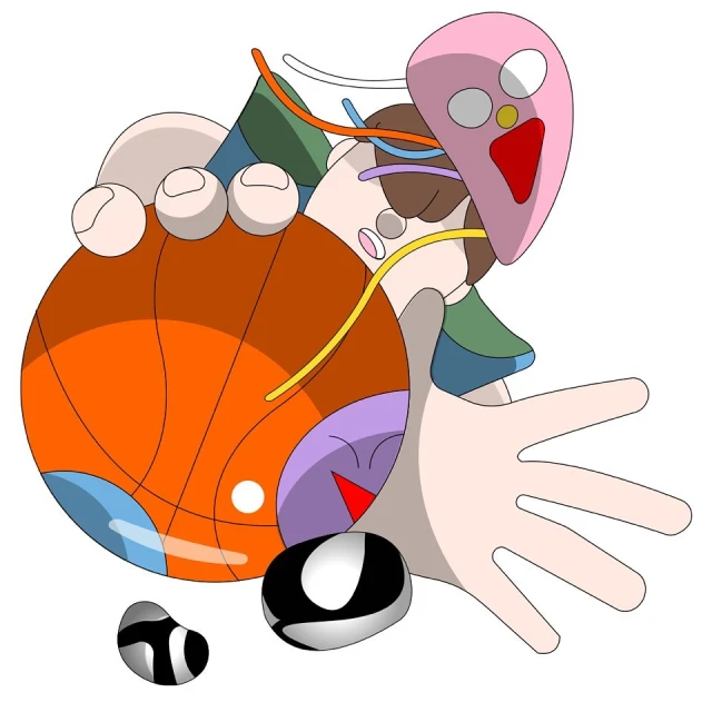 Abstract art featuring a basketball, hand, and face. Colorful illustration with orange, pink, purple, and black on a white background.