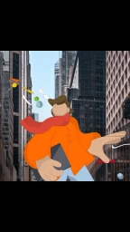 Illustrated figure in an orange coat and red scarf walking through a city street with tall buildings.