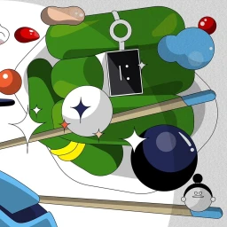 Digital illustration featuring green cylindrical shapes, a black rectangular tag, wooden sticks, and abstract shapes by Maria Do Rosario Frade