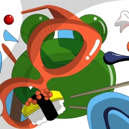 Colorful digital illustration featuring a large green frog, oversized red eyeglasses, and a piece of sushi.
