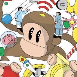 Digital illustration of a large cartoon monkey with small figures standing on its shoulders by Maria Do Rosário Frade