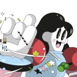 Digital illustration of a smiling cartoon character with oversized white hands raising a finger against a white background