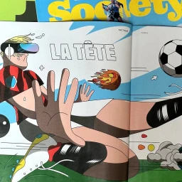Illustrated magazine spread showing a soccer player wearing VR goggles kicking a soccer ball on a field