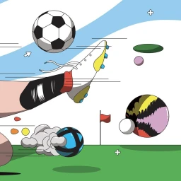 Digital illustration of a soccer cleat kicking a football on a green field with motion lines and abstract shapes.