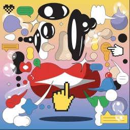 Colorful digital illustration by Maria Do Rosario Frade featuring abstract facial features and speech bubbles on gradient background.