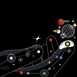 Digital illustration of a stylized hand holding floating cosmic elements against a solid black background.