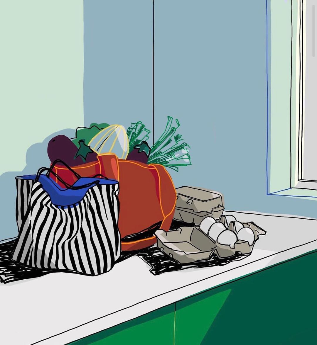 Illustration of fresh groceries including eggs, green onions, and eggplant in a shopping bag next to a bright window with blue walls.