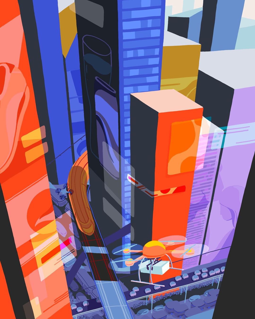 Illustration of a futuristic urban cityscape with skyscrapers, traffic, and a drone carrying a package, depicted in a vibrant, modern style.