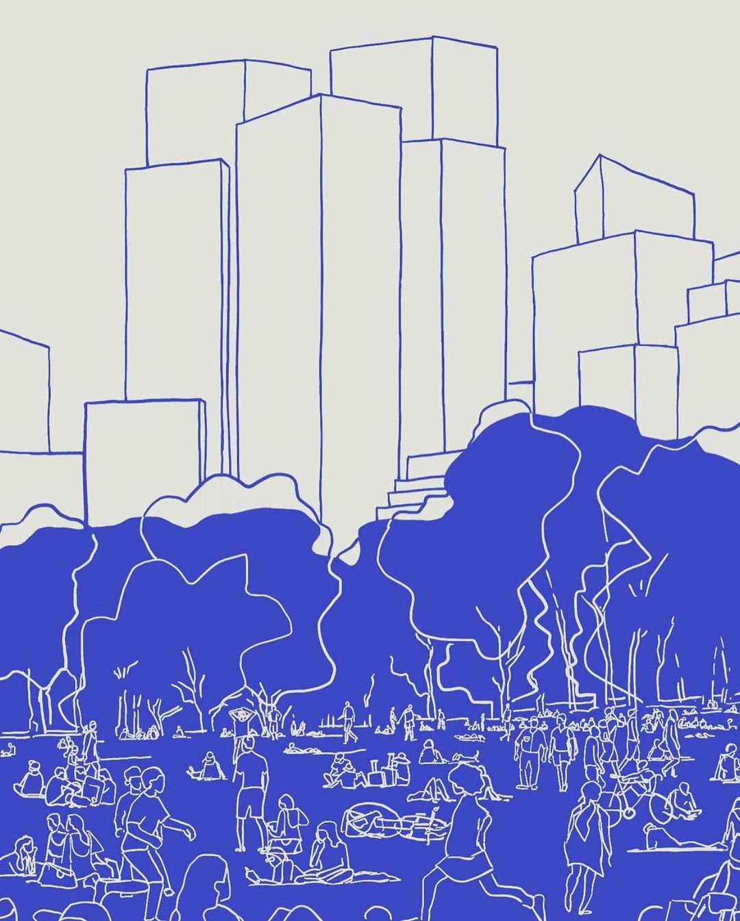 Illustration of a park scene with a crowd of people enjoying recreational activities in front of a city skyline on a sunny day.