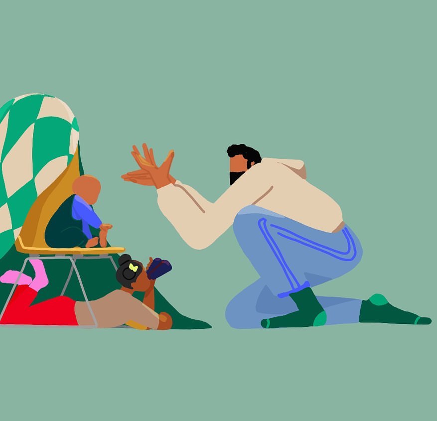 Illustration of a man kneeling, a woman lying down, and a baby in a high chair with a patterned canopy against a green background.
