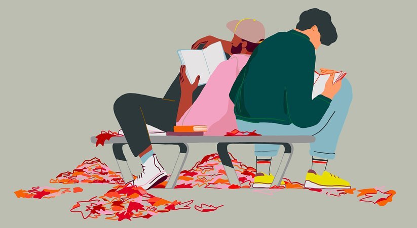 Illustration of two people sitting on a park bench reading books, surrounded by scattered fall leaves in shades of orange and red.