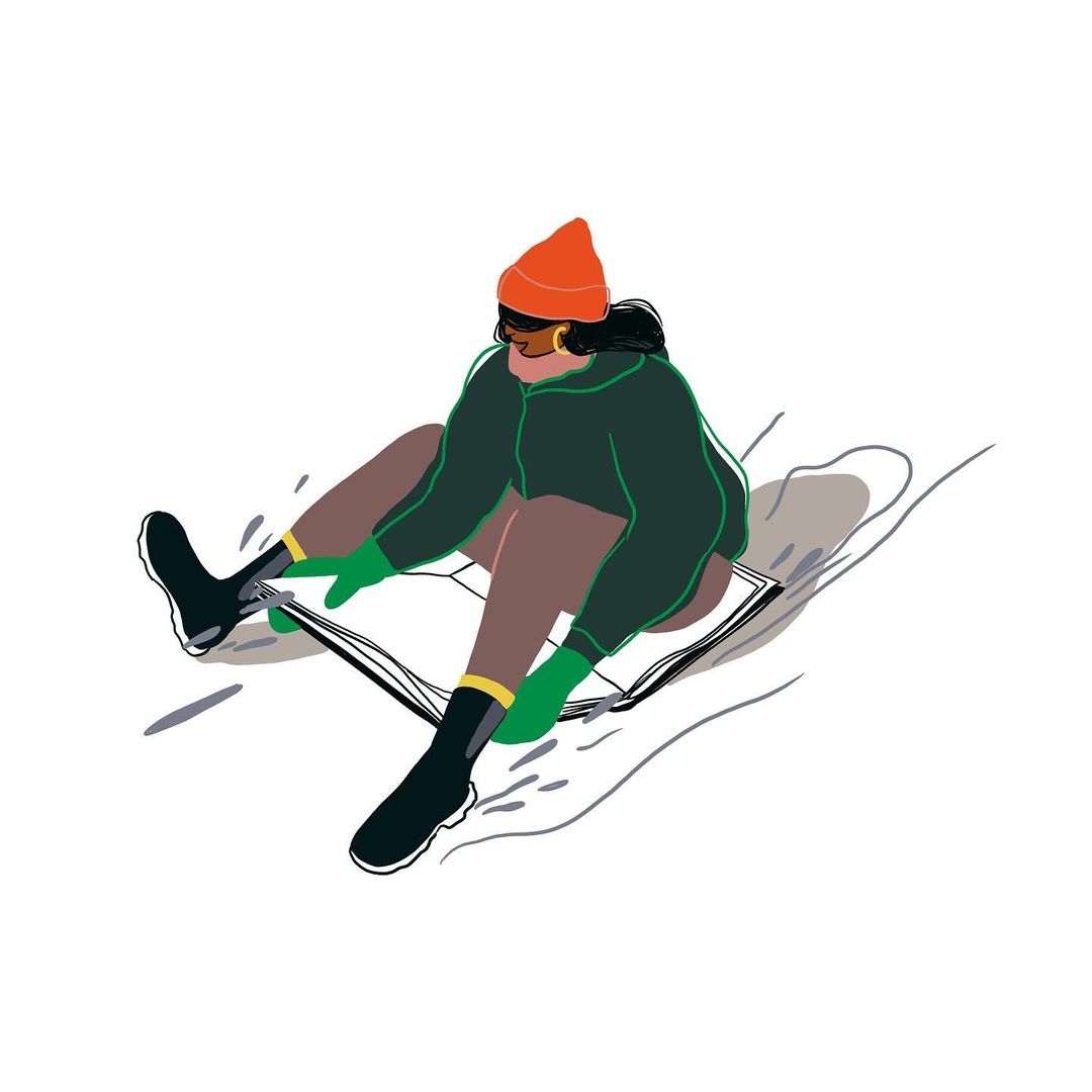 Illustration of a woman wearing a beanie, jacket, and gloves sitting on a rectangular white object against a white background.