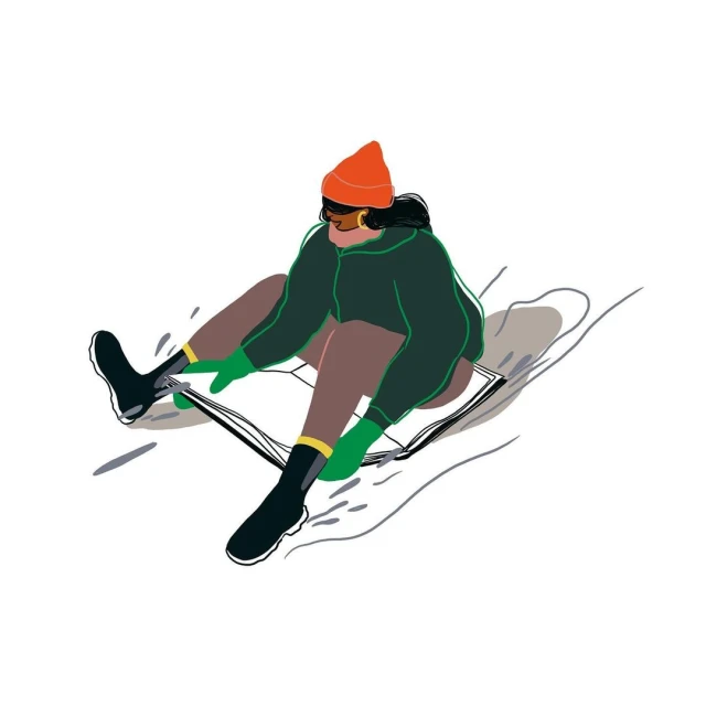 Illustration of a woman wearing a beanie, jacket, and gloves sitting on a rectangular white object against a white background.