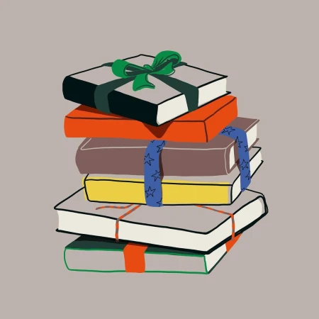 Stack of colorful books with ribbons and bows, creating a whimsical and educational illustration, perfect for learning and creativity.