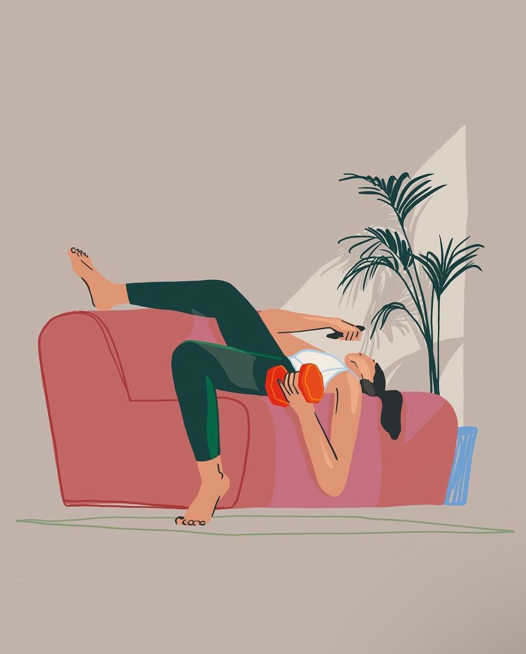 Illustration of a woman reclining on a pink couch while lifting orange dumbbells, with a houseplant nearby on a neutral background.