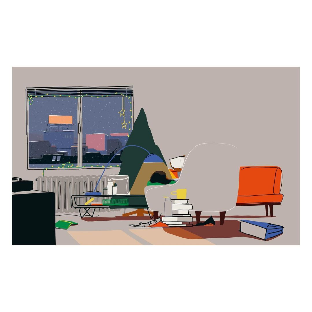 Illustration of a person relaxing in a room with a cozy atmosphere, featuring a chair, books, and a window view of a city at night.